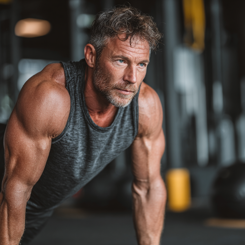 Confident middle-aged man performing functional training exercises in modern gym environment