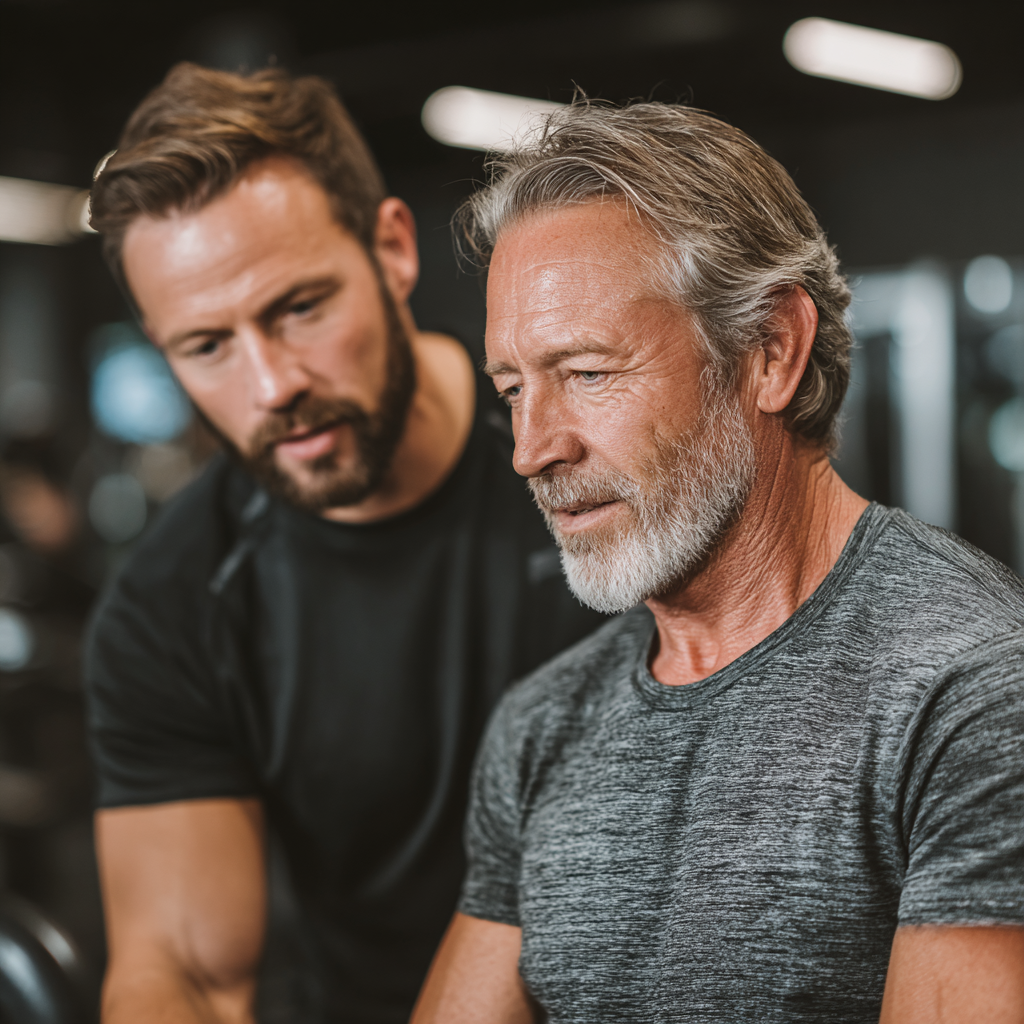 Professional trainer working with mature male client in modern fitness facility